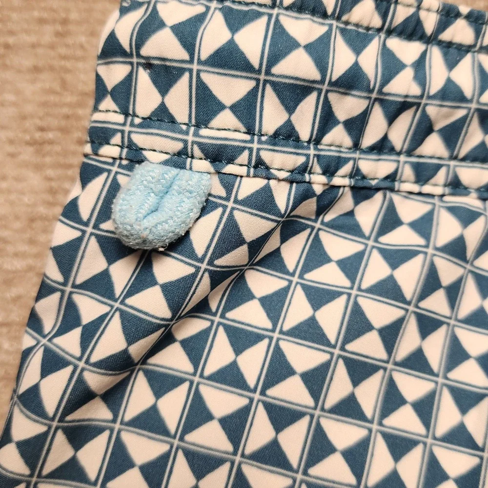 J. Crew Swim Trunks Mens L Blue White Geometric Pattern Drawstring Shorts